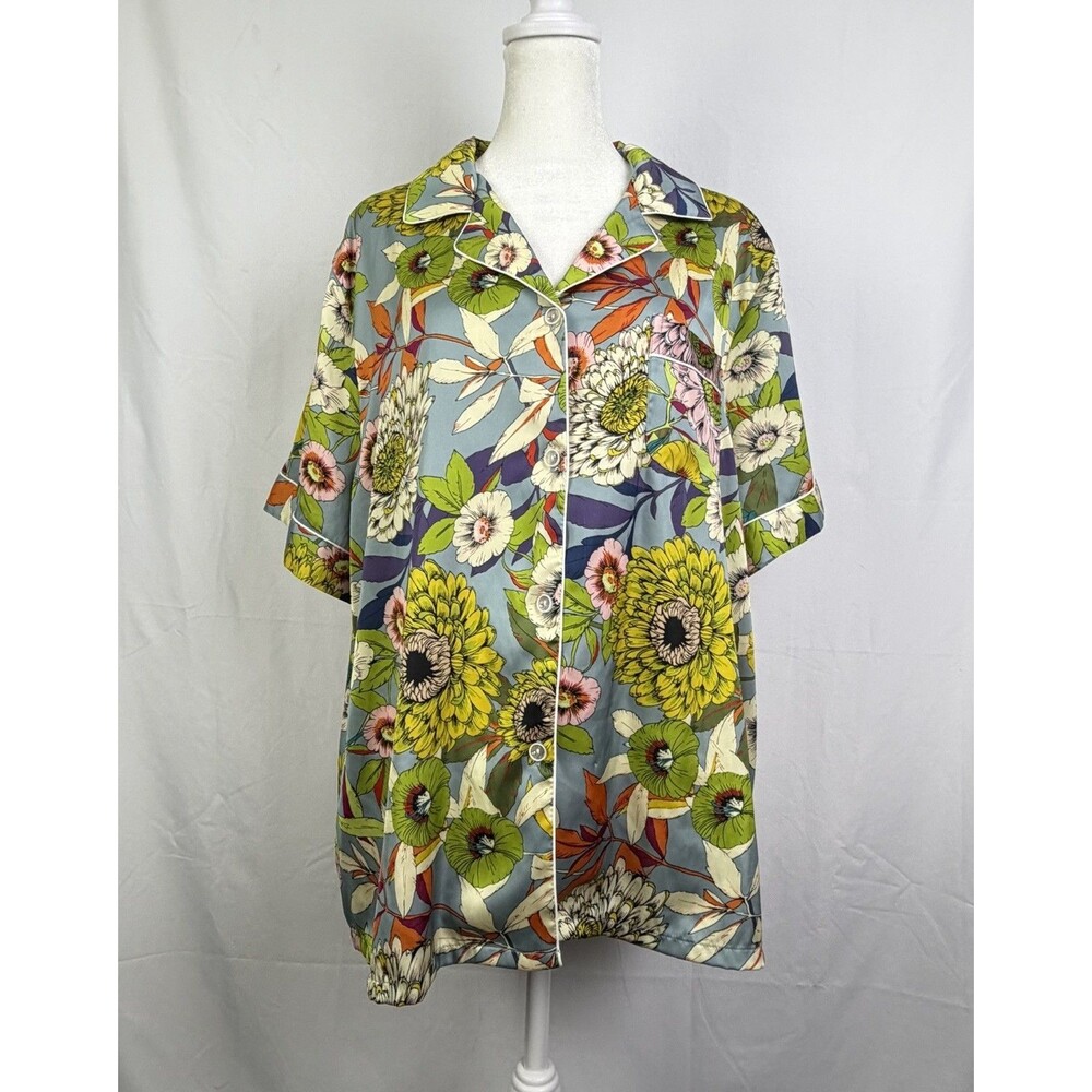YiNi LuLu Women Silk Satin Pajama Shirt Button Size XL Chrysanthemum Pattern EUC